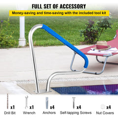Stainless steel pool handrail measuring 48"x36" with a 250lbs capacity and detachable grip cover.