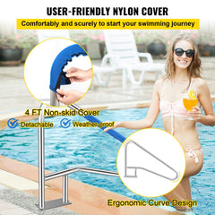 Stainless steel pool handrail with a 250lbs capacity and detachable nylon grip cover.