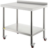 Stainless steel prep table with adjustable undershelf and integrated backsplash for commercial use.