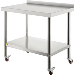 Stainless steel prep table with adjustable undershelf and integrated backsplash for commercial use.