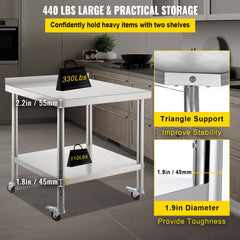 Stainless steel prep table with adjustable undershelf and integrated backsplash for kitchen use.