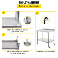 Stainless steel prep table with adjustable undershelf and integrated backsplash for commercial use.