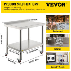 Stainless steel prep table with adjustable undershelf and integrated backsplash for commercial use.