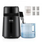 Black stainless steel countertop water distiller with 4L glass carafe and carbon filters.