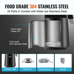 Black Bostome 4L 750W countertop water distiller with stainless steel inner layer and labeled parts.