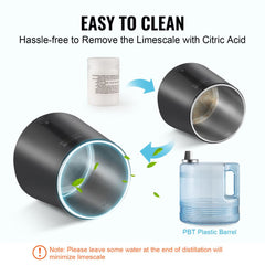 Diagram showing easy cleaning of Bostome water distiller's black stainless steel barrel with citric acid to remove limescale.