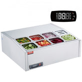 Stainless steel refrigerated condiment prep station with 8 pans and digital temperature display.