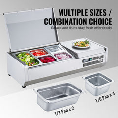 Countertop refrigerated condiment prep station with stainless steel base and modular pan system.