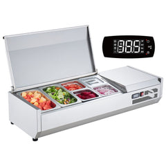 Bostome countertop refrigerated condiment prep station with 6 pans and stainless steel body.