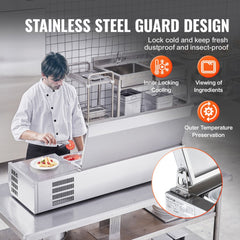 Stainless steel refrigerated condiment prep station with 7 pans and hinged lid.