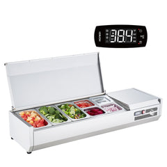 Stainless steel refrigerated condiment prep station with 7 pans of vegetables and digital temperature display.