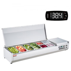 Stainless steel refrigerated condiment prep station with 8 pans of vegetables and digital display.