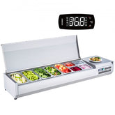 Bostome refrigerated condiment prep station with 9 stainless steel pans and digital LED display.