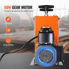 Compact 60W geared automatic wire stripping machine with orange cast-iron frame and clear cover.