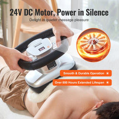 Handheld chiropractic massager with 24V DC motor, heat therapy, and digital display.