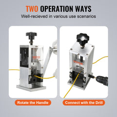 Manual wire stripping machine with adjustable blade and three stripping holes for various wire sizes.