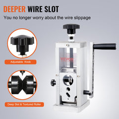 Manual wire stripping machine with crank handle, adjustable knob, and textured rollers for aluminum and copper wires.