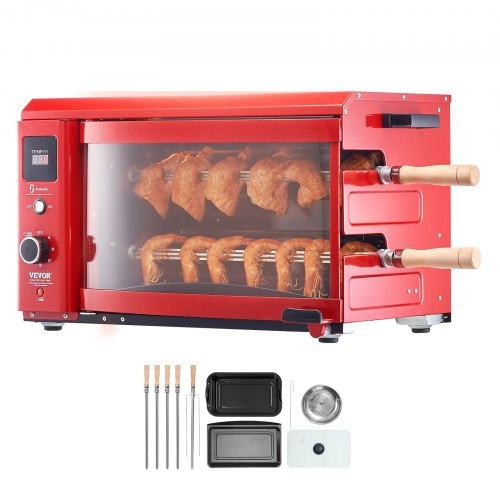 Stainless steel electric shawarma grill with 360° rotation and user-friendly timer.
