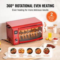 Stainless steel electric shawarma grill with 360° rotation and four skewers for even cooking.