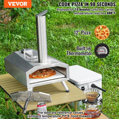 Stainless steel portable wood pellet pizza oven with 12-inch stone, thermometer, and foldable legs outdoors.