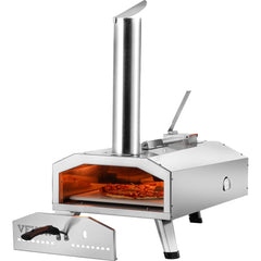 Stainless steel 12-inch portable wood pellet pizza oven with chimney and open door showing pizza inside.