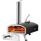 Bostome 12-inch portable pizza oven with black iron spray finish and foldable legs.