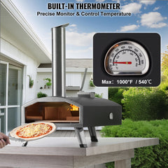 Bostome 12-inch portable pizza oven in black iron spray with foldable legs and chimney.