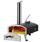 Bostome 12" outdoor wood pellet pizza oven with a rotating stone and foldable legs for portability.