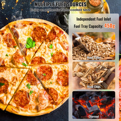 Portable 12-inch wood pellet pizza oven with a rotating stone and insulated stainless steel design.