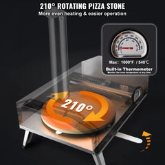 Portable 12-inch wood pellet pizza oven with a rotating stone and insulated stainless steel design.