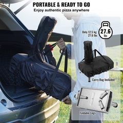 Silver 12-inch portable pellet gas pizza oven with foldable legs and carry bag.