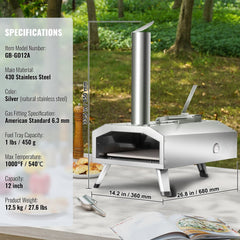 Silver 12-inch portable pellet gas pizza oven with foldable legs in outdoor setting.