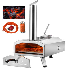 Silver foldable 12-inch portable pellet gas pizza oven with chimney, legs, and accessories.