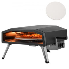 Black foldable portable gas pizza oven with 13-inch stone baking a pizza.