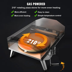 Foldable black portable gas pizza oven with 210-degree rotating stone.