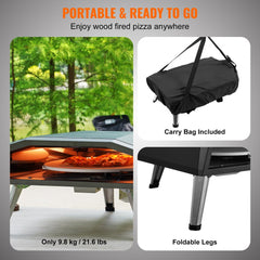 Portable 13-inch gas pizza oven in black with foldable legs and carry bag.