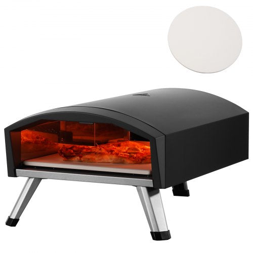 Black foldable 12-inch portable gas pizza oven with glowing interior and white pizza stone.