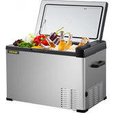Silver Bostome 42-quart portable compressor refrigerator with open lid containing vegetables and beer bottles.