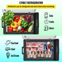 A 42-quart portable compressor refrigerator with app control, shown open with vegetables and closed with meats and ice cream.