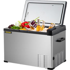 Silver Bostome 42-quart portable compressor refrigerator open with vegetables and beers inside.