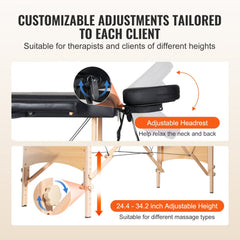 Portable massage table with folding beech frame, adjustable height from 24.4 to 34.2 inches, and detachable headrest.