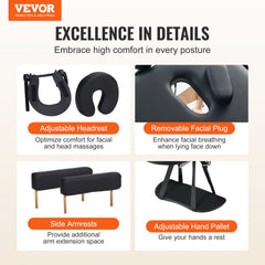 Portable massage table with adjustable headrest, removable facial plug, side armrests, and height-adjustable legs.