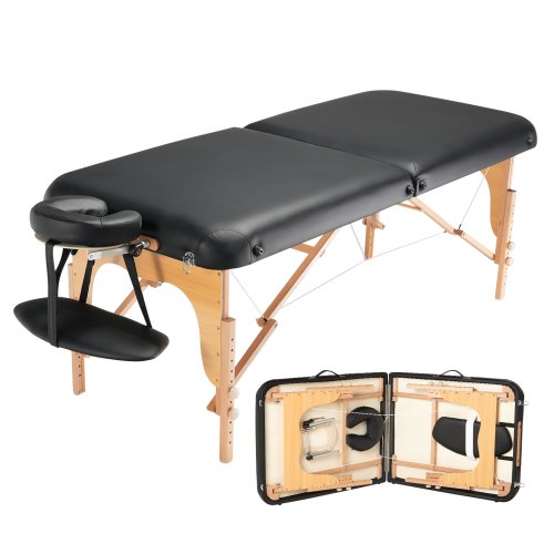 Folding massage table with 8 adjustable heights, soft PU leather, and sturdy beechwood frame.