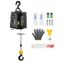 Portable 1100 lbs electric hoist winch with wireless remote, hook, cable, gloves, and batteries.