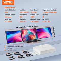 14-inch FHD IPS triple portable laptop screen extender with USB-C and HDMI connectivity.