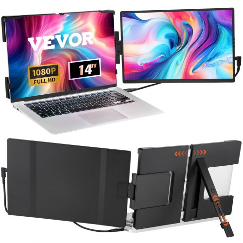 Dual 14-inch FHD IPS portable laptop screen extenders attached to a silver laptop, showing swivel design and vibrant displays.