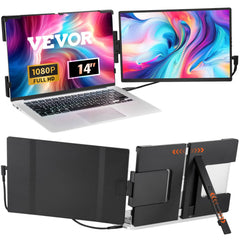 Dual 14-inch FHD IPS swivel monitors attached to a silver laptop, shown open and folded.