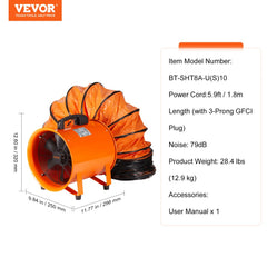 Orange 8-inch portable ventilator fan with attached 33-foot flexible hose, measuring 20 inches in height.