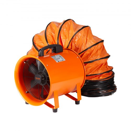 Orange 10-inch portable ventilator fan with black blades and attached flexible orange duct hose.
