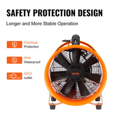 Orange 10-inch Bostome portable ventilator fan with safety features including IP44 waterproof, overheating protection, and GFCI outlet.